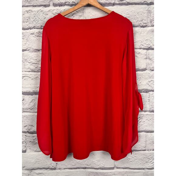 Susan Graver Women's 1X Red Sheer Sleeve Tie Detail V-Neck Tunic Elegant Blouse - Picture 3 of 13
